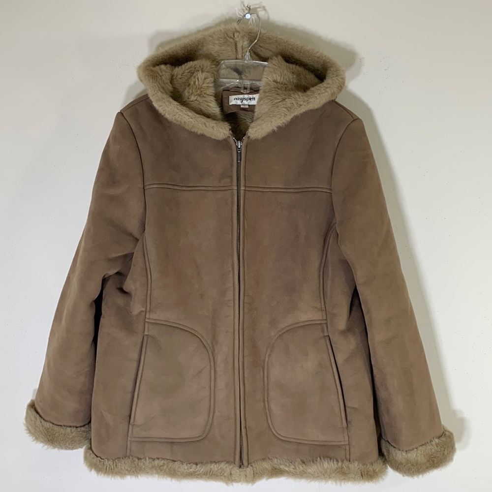 NWOT. Easy Spirit Medium Vegan Suede Faux Fur Full Zip Hooded Jacket.